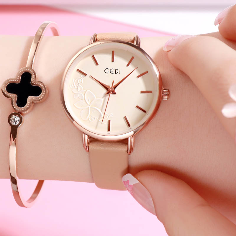 GEDI Frauen Uhr Ultra-dünne Quarzuhr Einfache Stil Geschäft Uhr Dame Lederband Uhr Frauen Armbanduhr Reloj mujer: Aprikose