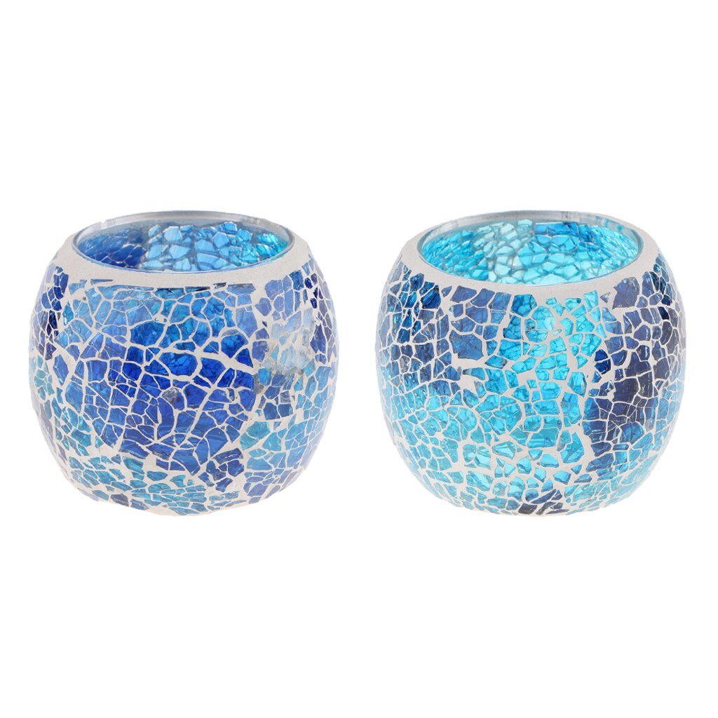2Pcs Vinatge Mozaïek Glazen Kaarshouder Votive Kaarsen Theelichtjes Houder Blauw Kandelaar Kaars Kom Cups Set Home Decor props