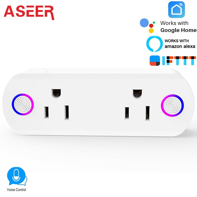 ASEER US WiFi Smart Socket 16A,Double Power Plug Outlet Remote Control Socket,Timer function compatible Alexa Google Home IFTTT