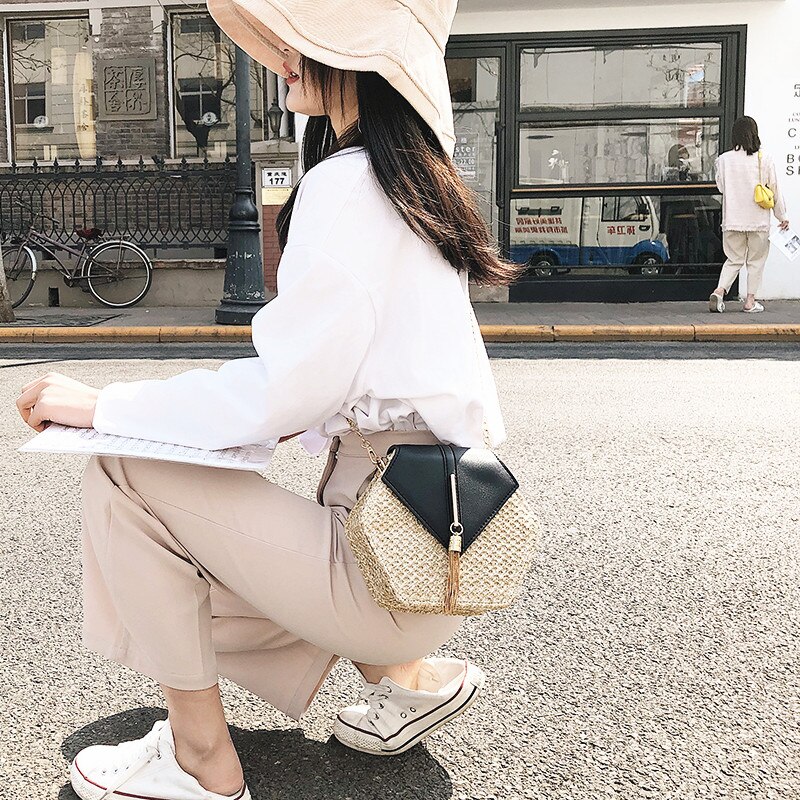 1PC sac de paille hexagone sac à main paille + cuir gland métal bohême rotin épaule été plage chaîne sac pour femme