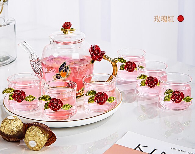Glass Kung Fu Tea Set Teapot Seven-piece Set Tea Set Suit European Style Household Tea Set: red--7-piece set