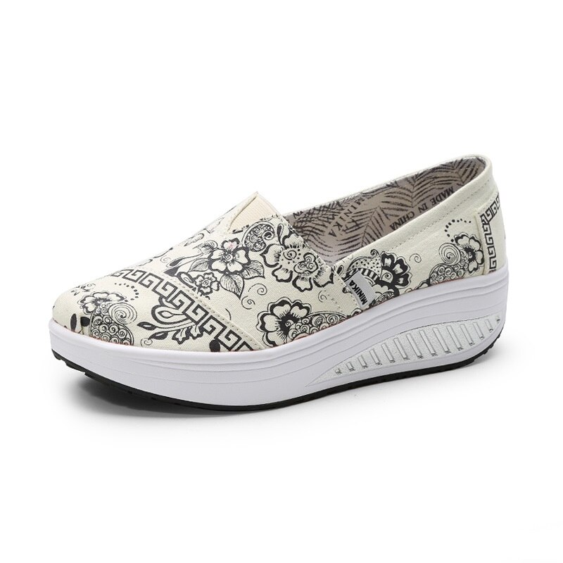 Minika kvinder piger lærred platform sko print slip on swing sko fitness højde stigende toning walking sko: Sort / 6.5