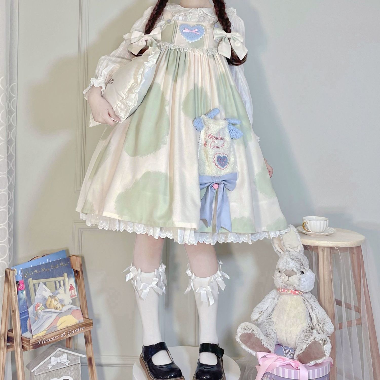 Hstar Pink Lolita Kawaii Milk Cake Cow Print Lolita Dress Jsk Japanese Tea Party Lolita Daily Princess Dress Multiple Colors: Green Sleeveless