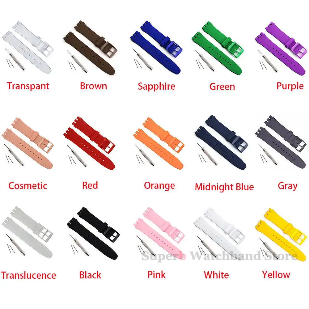 Bracelet de rechange en silicone pour montre Swatch, bracelet en caoutchouc coloré, accessoires pour hommes et femmes avec outil, 17mm, 19mm, 20mm, 16mm