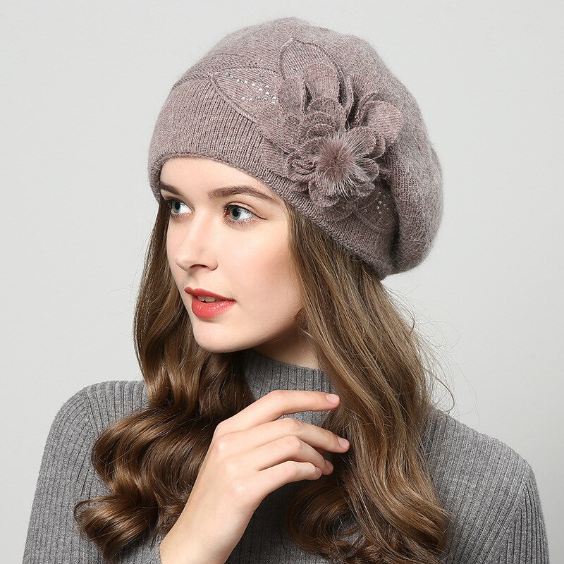 Brand Female Beret Wool Knitting Cap Hat Autumn Winter Floral Women Berets