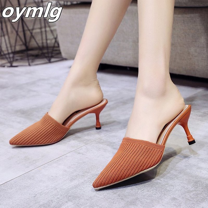 Zomer Womenslippers Vrouwen Dragen Dunne Hakken Met Hakken Baotou Sandalen Slippers Ademend Wilde Mode Hoge Hakken Half Slepen