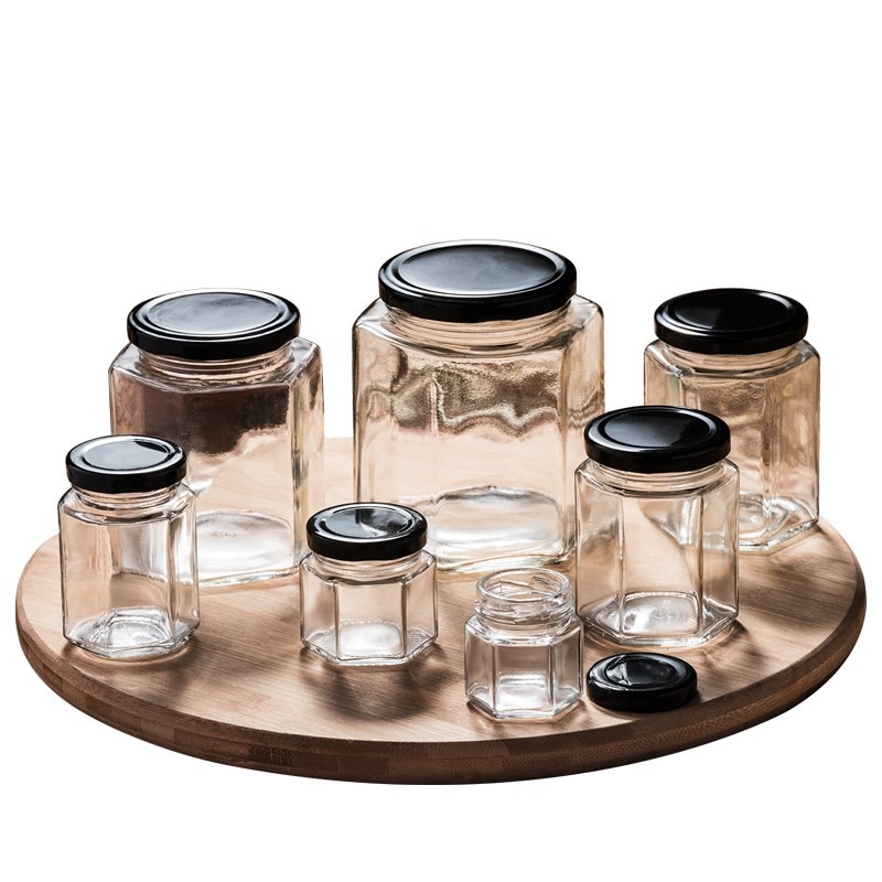 Tarro de vidrio para miel, botella de almacenamiento transparente hexagonal cuadrada para Suger de nueces, tarro de mermelada de vidrio enlatado, 10 Uds.
