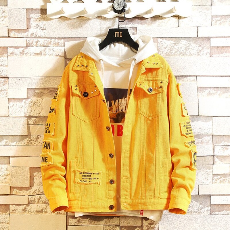 #3446 Red White Yellow Black Ripped Punk Denim Jacket Men Letters Print High Street Hip Hop Jeans Jacket Harajuku Spring Autumn: Yellow / XXL