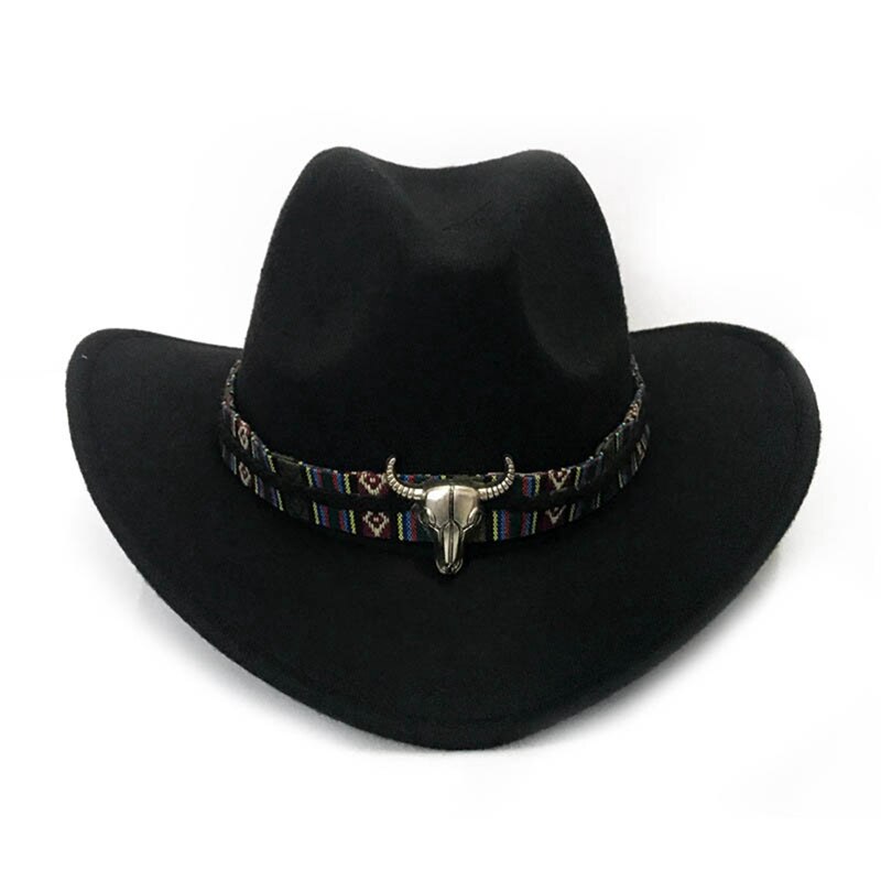 Mode Mannen Vrouwen Western Cowboy Hoed Met Koe Hoofd Band Brede Rand Hoed Pop Jazz Hoed Winter Wol Hoed Maat 56-58Cm