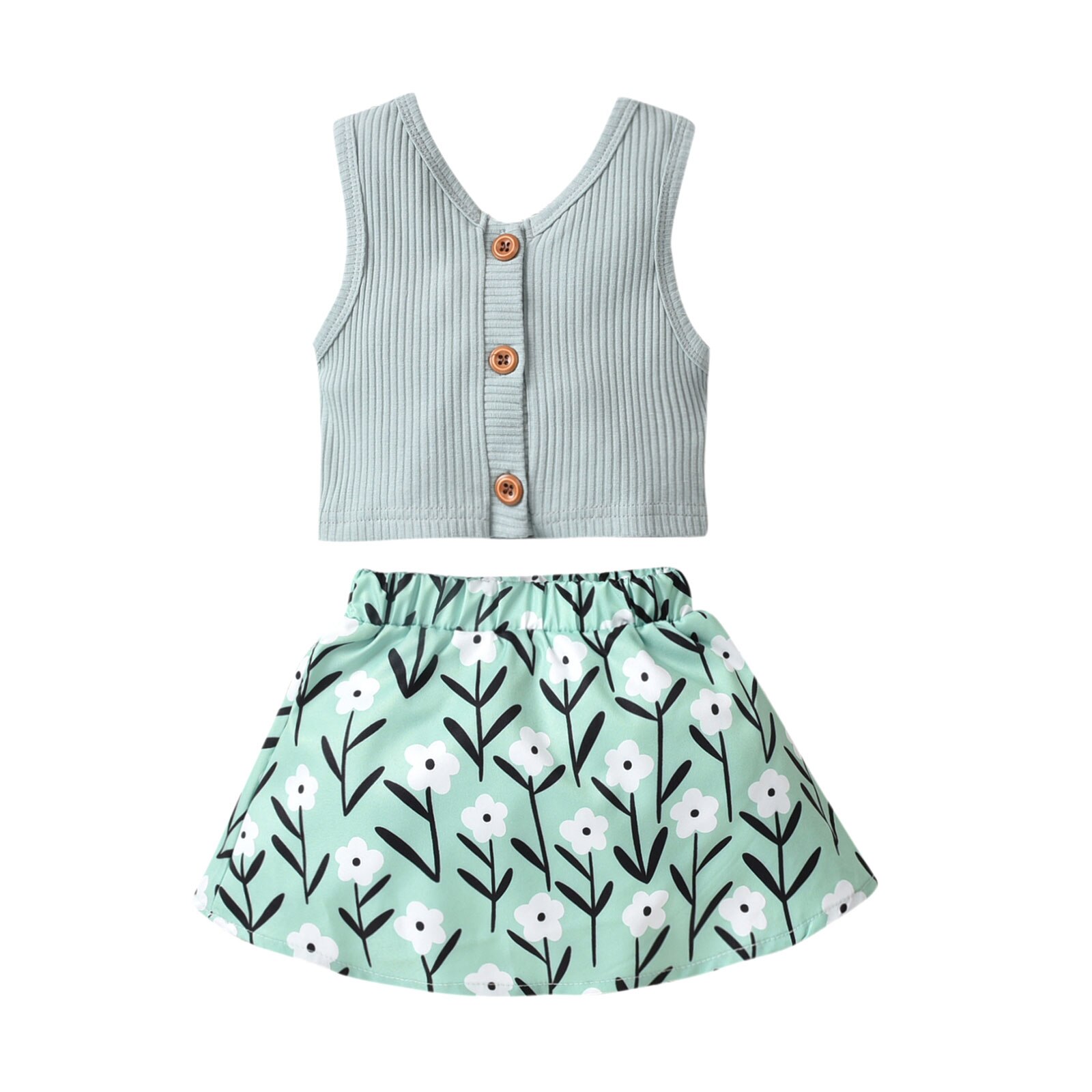 2 Pcs Infant Summer Outfits, Baby Girl Sleeveless Ribbed V-Neck Button Tank Top + Flower Print Skirt (Green): 1 / 4T