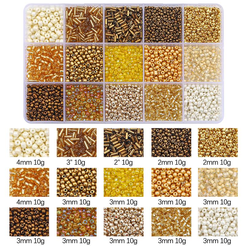 Juego de cuentas de vidrio de 15 colores para hacer pulseras, cuentas espaciadoras sueltas con caja de almacenamiento, Kit de cuentas de tubo para manualidades, dijes de collares: Oro