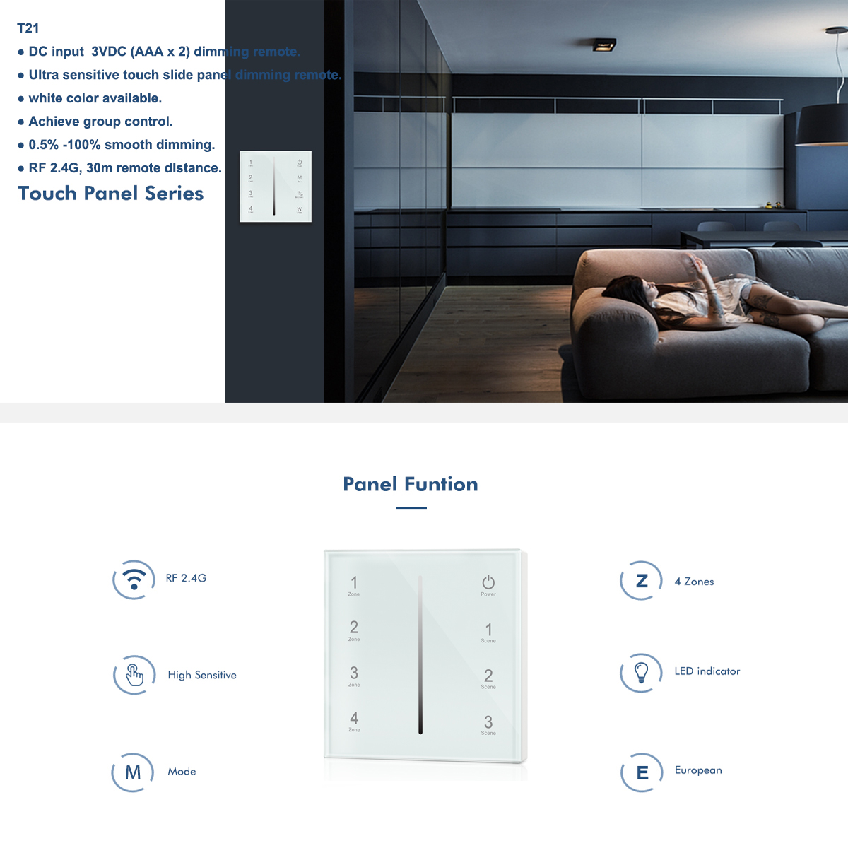 Interruptor de atenuación inalámbrico LED Triac de AC110V-220V, control remoto de atenuación táctil de 4 zonas para LED de un solo Color, 2,4G, S1-B