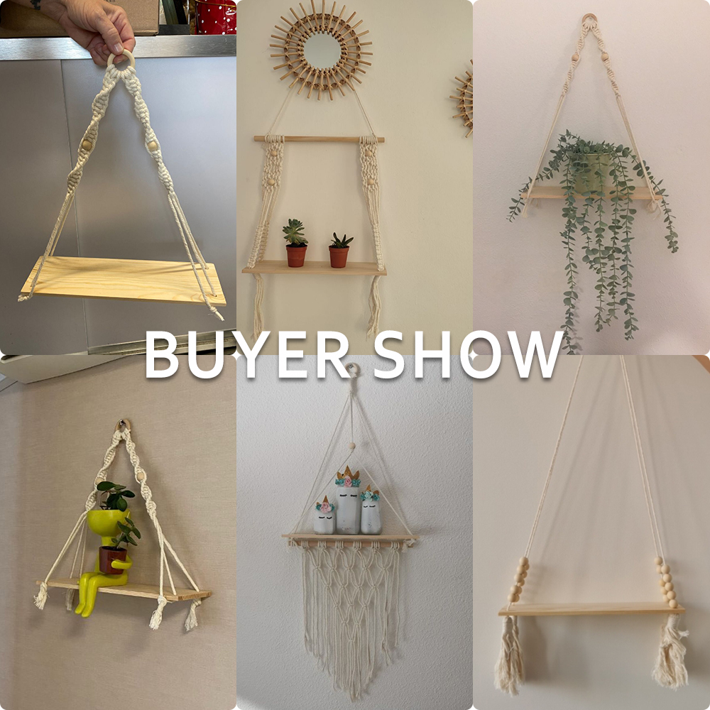 Macrame vegghengende hylle dusk tredekor vevd veggopphengsbretthyller for hjemmeinnredning soverom stue kakestativ