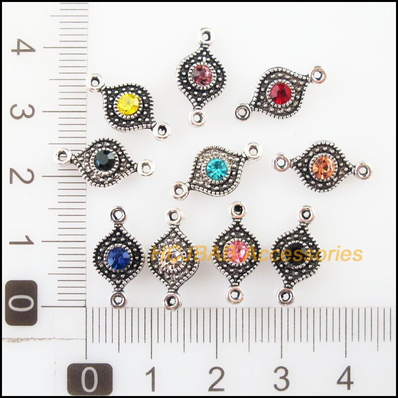 30Pcs Tibetan Silver Tone Retro Eye Mixed Crystal Charms Connectors 8x16mm