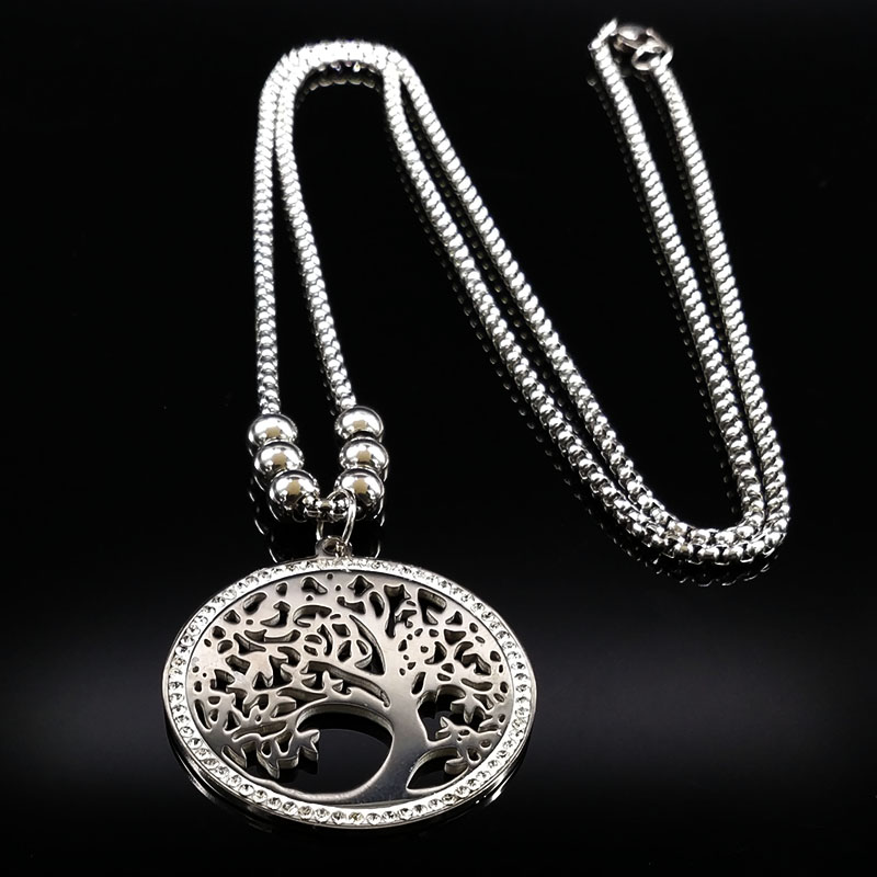 Lange halsketten mit lebensbaum-anhängern aus edelstahl und kristallschmuck in silberfarbe, damenschmuck ,  n18er 02