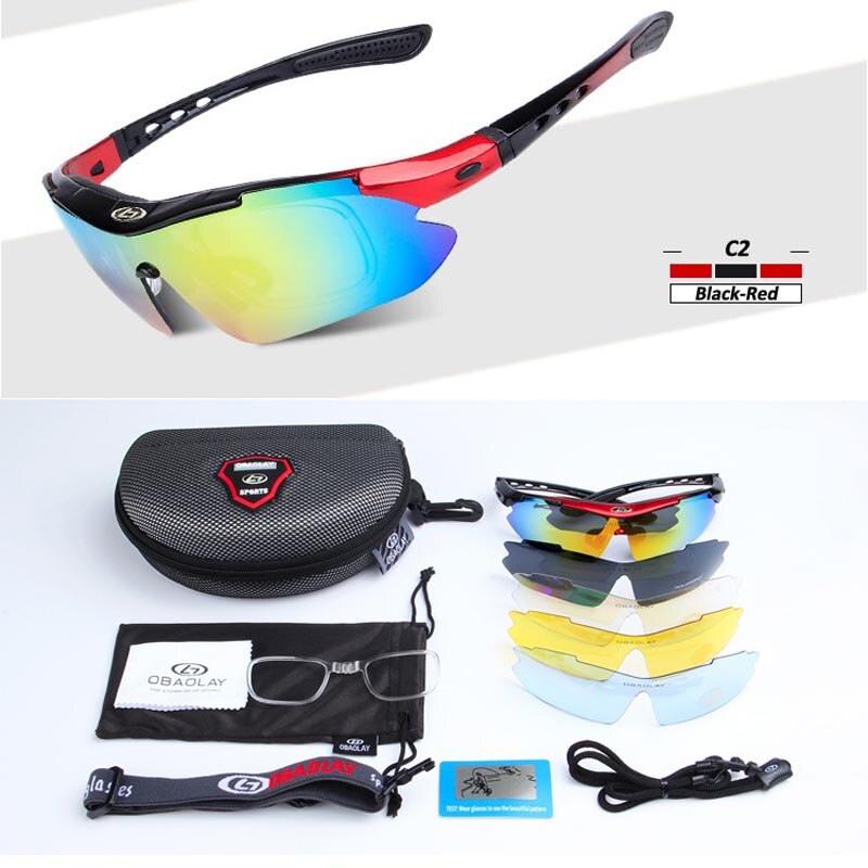 OBAOLAY Gepolariseerde Sport Mannen Zonnebril Road Fietsen Glazen Mountainbike Fiets Rijden Bescherming Goggles Eyewear 5 Lens: C2 Black Red