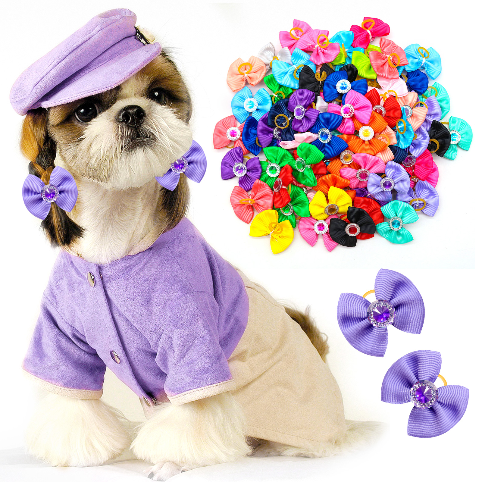 50 Uds. De lazos de bolas a granel para perros pequeños, lazos para el pelo de Gato, bandas de goma, lazos para el cuidado de perros, accesorios para el cabello para perros pequeños y gatos: Multicolor