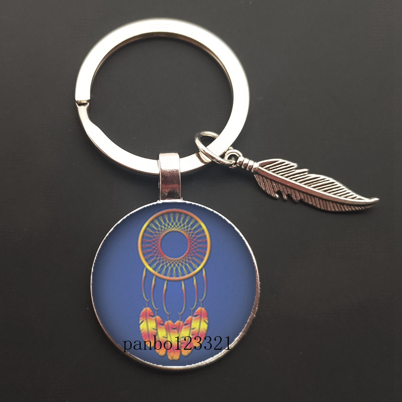 Dream Catcher Tone Key Chain Dream Catcher Feather Round Glass Convex Photo Keychain: Brown