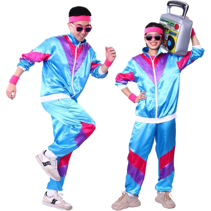 Trainingsanzug-Kostüme für Herren, 90er-Jahre-Hip-Hop-Muschelanzug, Kostüm für Herren, 80er-Jahre-Retro-Trainingsanzug, Jacke, Disco-Kostüm, Windjacke und Hose: L / Blau