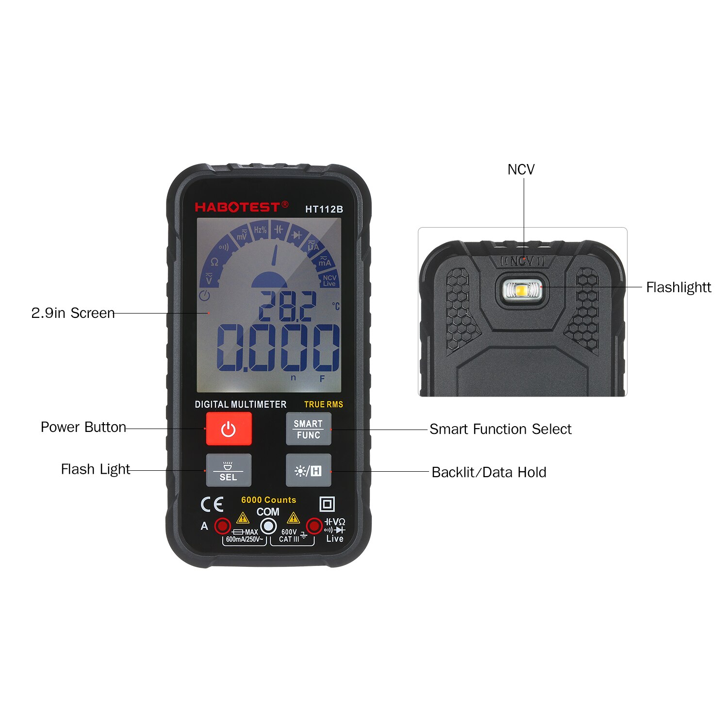 6000 Counts Digital Multimeter Voltmeter Ammeter Ohmmeter Tester AC/DC Test Diode Frequency Capacitance Continuity NCV Live Line