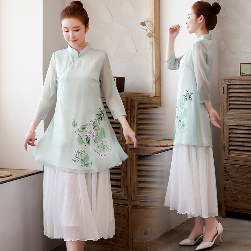 Ensemble 2 pièces Style chinois pour femmes, tenue Cheongsam, haut + pantalon à jambes larges, costume Tang, , été, 11265