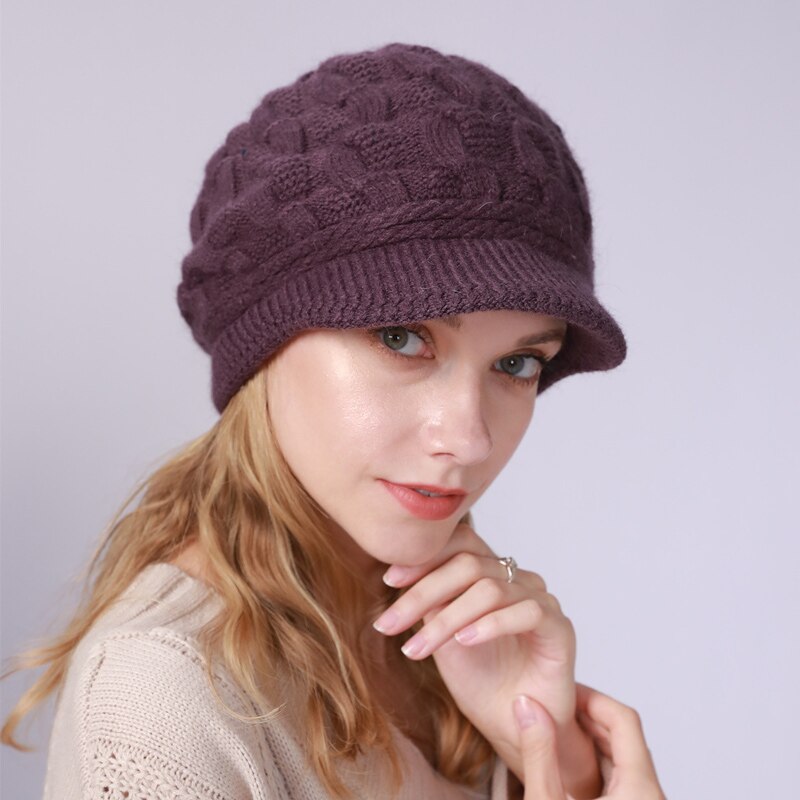 GOPLUS-gorro de lana con visera para mujer, gorro de lana de punto, para mantener el calor, Czapka, Zimowa, Viseiras, C11294: Morado