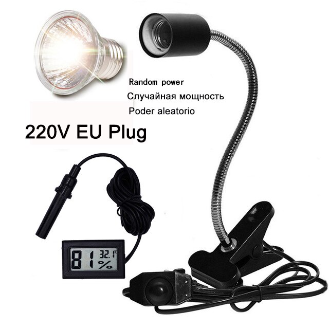 Bombilla con Clip de calefacción para el ambiente de mascotas, lámpara de luz solar UVA + UVB para reptiles, tortugas, lagarto, camaleón, serpiente, reptil: black 220V EU plug