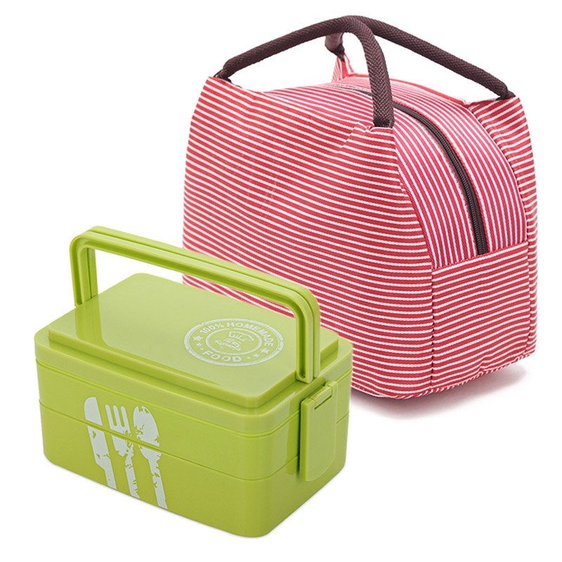 TUUTH Healthy Portable Lunch Box Multi-layer Microwave Heating Bento Boxes High Capacity Food Container Dinner Lunchbox Cutlery: 2 Layers-Green-Bag