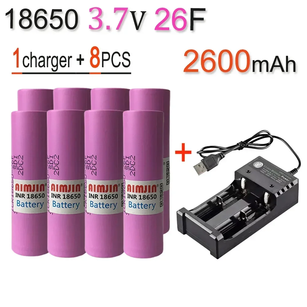 Genopladeligt Batteri 18650 26F 3.7V 2600mAh med USB Oplader: Lilla