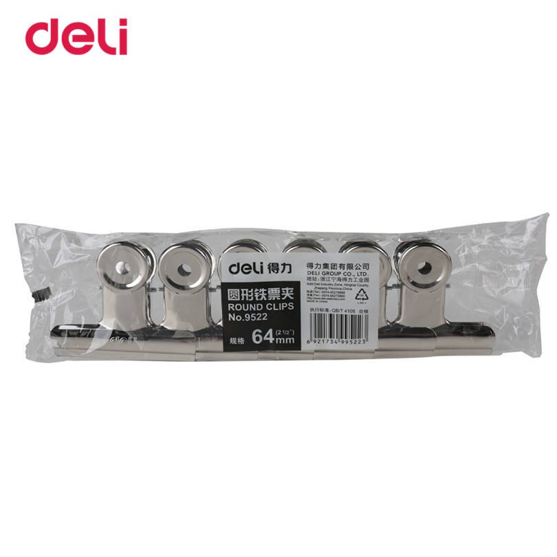 Metal Paper Binder Grip Deli Clips Normal Circule Shape Office Tool 64mm Size 6 Pcs A Set Standard Stainless Steel Silver Clips