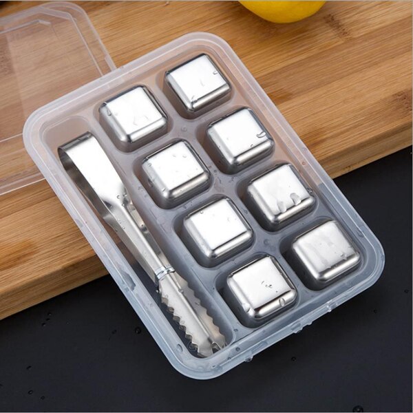 Ice Cubes Set Reusable Whisky Stones Food Grade Stainless Steel Wine Cooling Cube Chilling Rock Party Bar Tool: Eight with Clamp