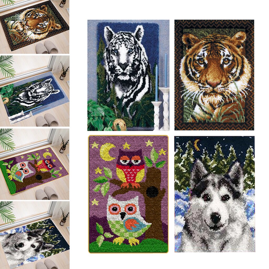 DIY Latch Hook Rug Kits for Kids Beginners Carpet Making Animal Tiger/Wolf/Owl Pattern Hooking Crafts - 85x62cm
