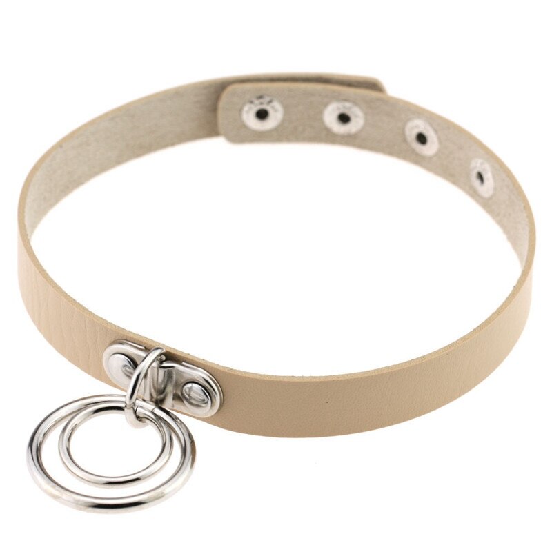 Popular Choker Collar Necklace Double Ring O Leather Gothic Bracelet Women: khaki