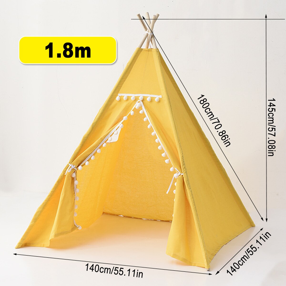 1.35M-1.8M Baby Tents Teepee Triangle Tent Kids Playhouse Cotton Canvas Pretend Play Tent Decoration Game House Boy Girls: Yellow 1.8M