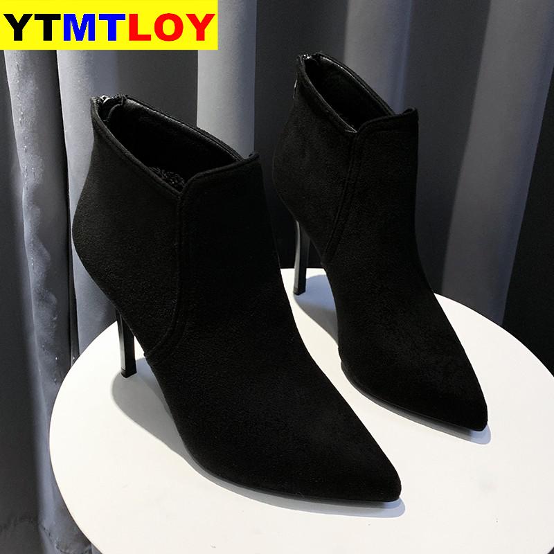 Botas de tacón alto para mujer, zapatos de gamuza, puntiagudos, cremallera lateral, color sólido, para invierno