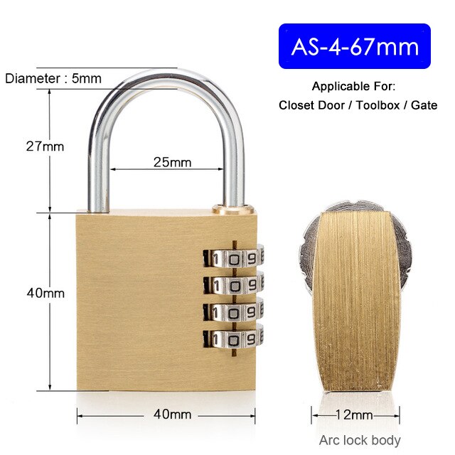 NAIERDI Digital Combination Password Lock High Security Solid Brass Anti-Drill Lock Travel Luggage Code Padlock Suitcase Locks: AS-4-67MM