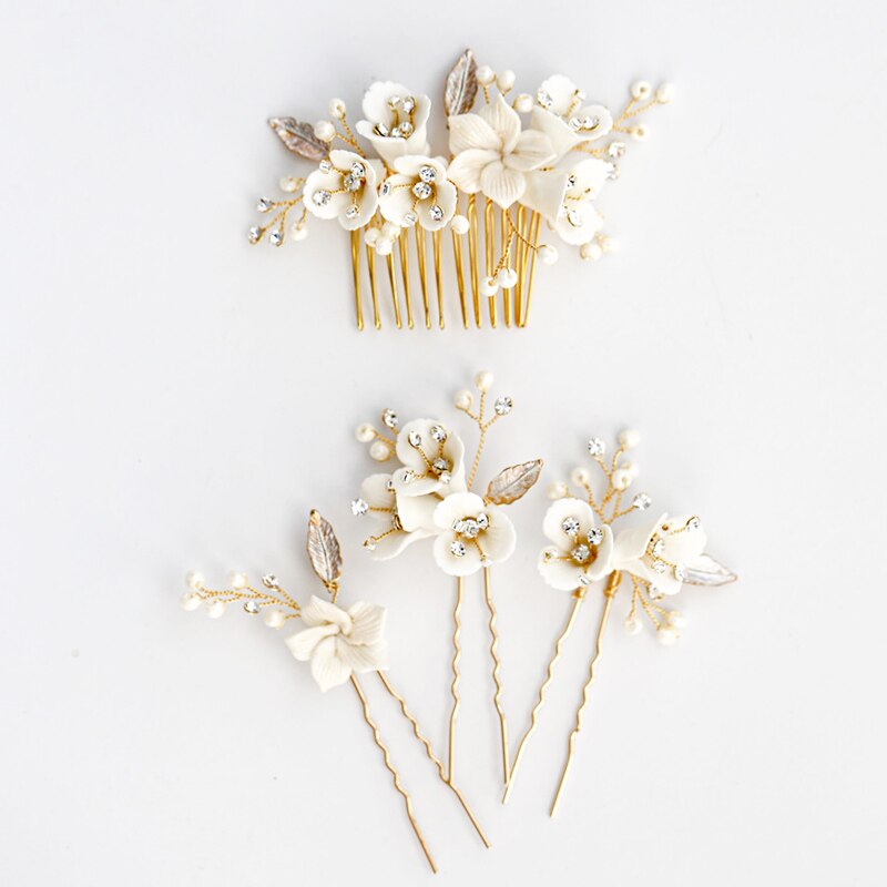 Handmade Bride Headpiece biżuteria ceramiczna kwiatowa do włosów grzebień zestaw klipów wsuwka ślubne ślubne akcesoria do włosów: AC19-7 - 4pcs gold