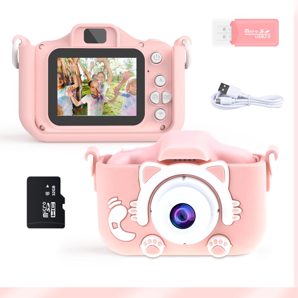 Barn leksakskamera 1080p hd med 32g kort 2.0 tum färgskärm dubbel selfie videospel barn kamera leksaker för barn: Rosa katt
