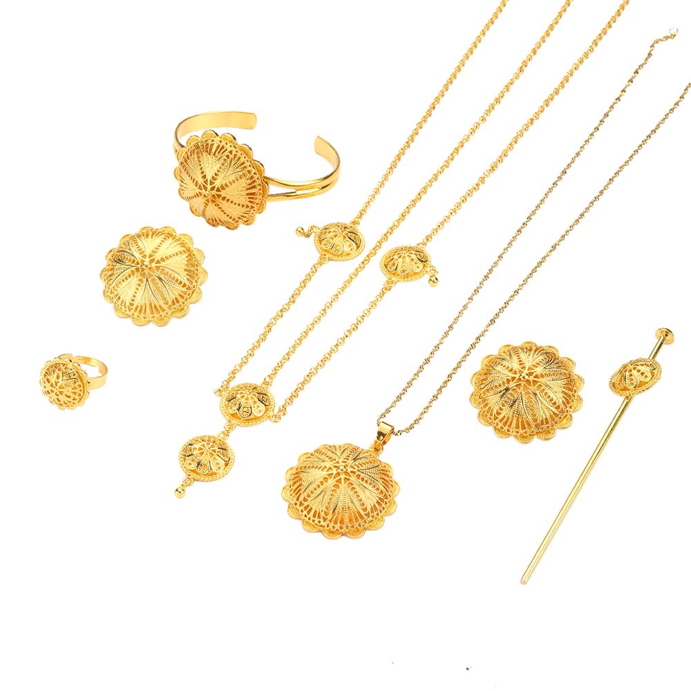 Äthiopischen Anhänger Halsketten Ohrringe Ring Armreifen für Frauen Gold Farbe Eritrean Afrikanische Braut Schmuck