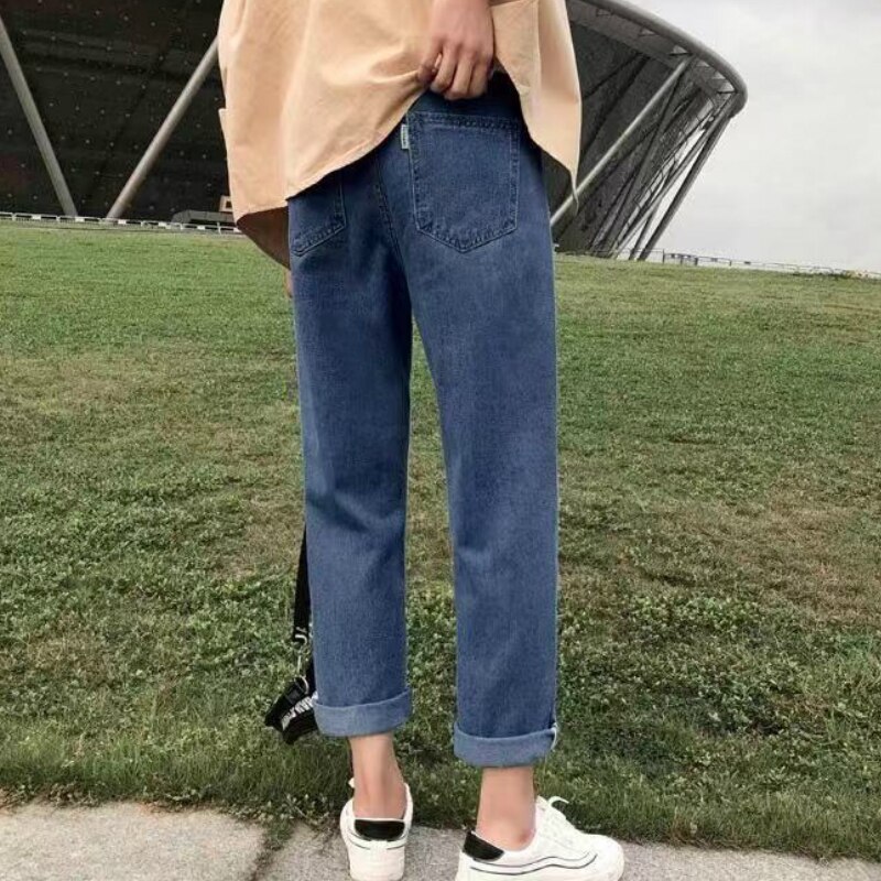 Męskie jeansy do kostek jednolity luźny Plus rozmiar 2XL myte wypoczynek eleganckie nastolatki BF luźne męskie proste spodnie jeansowe w stylu koreańskim
