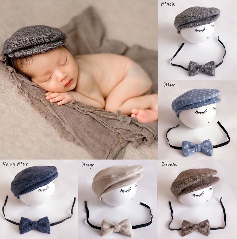 Newborn Baby Peaked Beanie Cap Hat Bow Tie Photo Photography Prop Infant Boy Caps