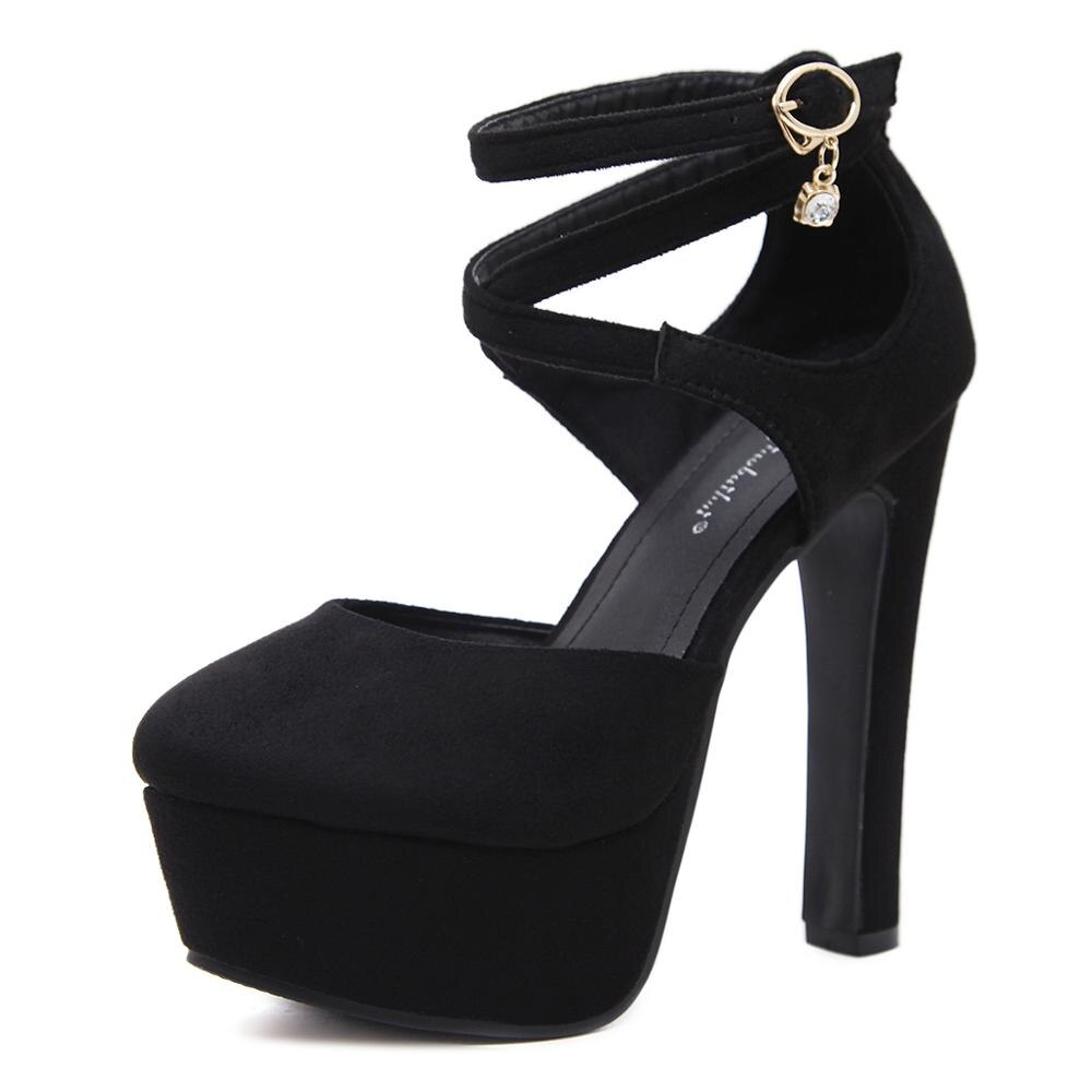 Niufuni 14cm ultra hoge hakken zoete ronde neus platform pumps flock kruisgeknoopte dames sandalen zomerschoenen vrouw: Zwart / 8