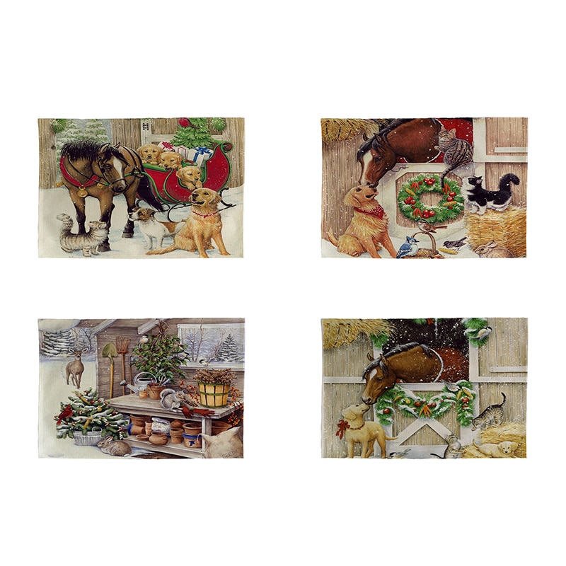 Mantel Individual navideño para gato, caballo de dibujos animados, posavasos de cocina, alfombrillas para mesa de comedor, almohadilla de lino de algodón, tapete para taza de tazón, 42x32cm, DecorCD482