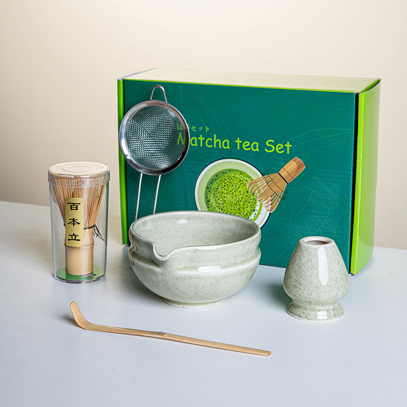 Ensemble Matcha japonais fait à la main, bol à encoche facile à nettoyer, fouet en bambou, cuillère à café, ensembles à thé, outils de préparation du thé, accessoires, 4 à 8 pièces/ensemble: Gris foncé