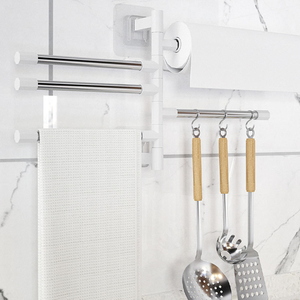 Swivel Towel Bar Stainless Steel Bathroom Swing Hanger Towel Rack Holder Storage Organizer Space Saving Wall Mount Self Adhesive