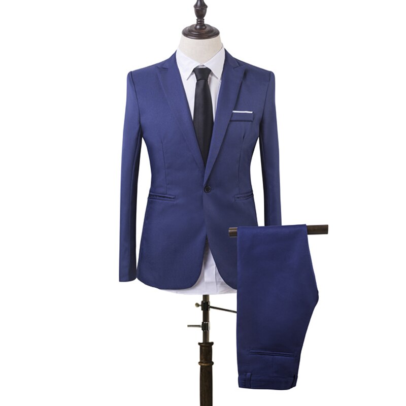 2 PCS Men Slim Fit Formal Business Tuxedos Suit Coat Pants Party Wedding Prom MUG88: Lake Blue / XXXL