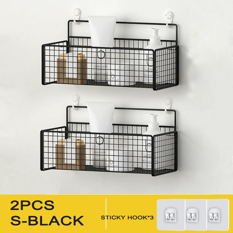 Wall Mounted Bathroom Shelf Shower Shampoo Rack Toilet Accessories Kitchen Free Punch Condiment Storage Basket: 2PCS S-BLACK