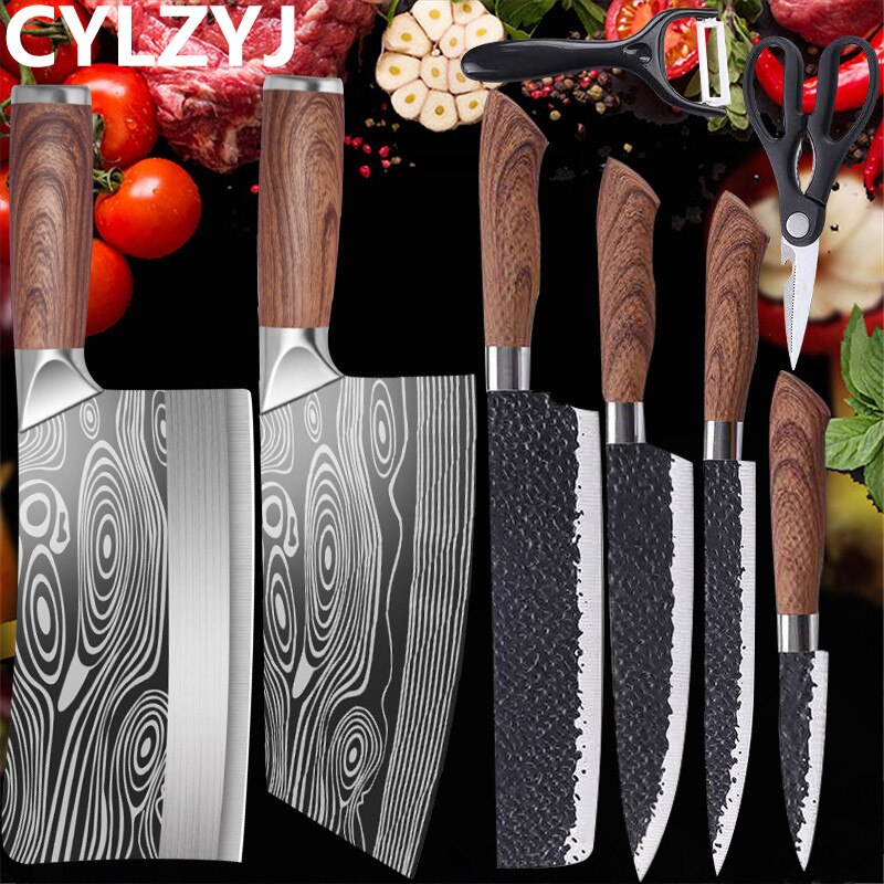Ensemble de couteaux de Chef de cuisine, couteau forgé en acier inoxydable, ciseaux Nakiri éplucheur en céramique, couteau d&#39;office avec étui