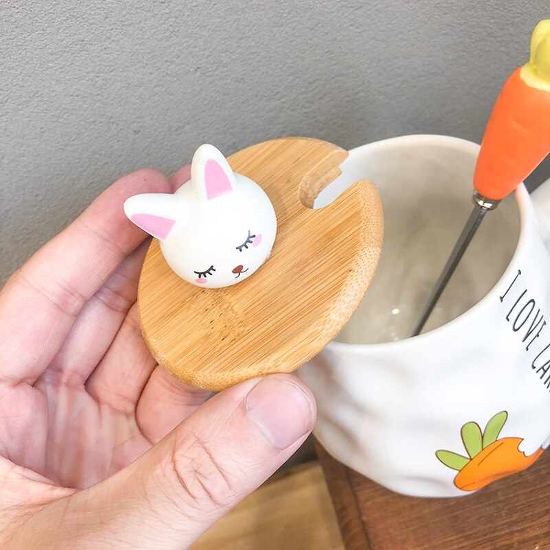 400ML Cartoon Ceramic Mug Turnip Rabbit Wooden Lid Ceramic Cup Milk Coffee Tea Cup Office Home Student Couple Cup
