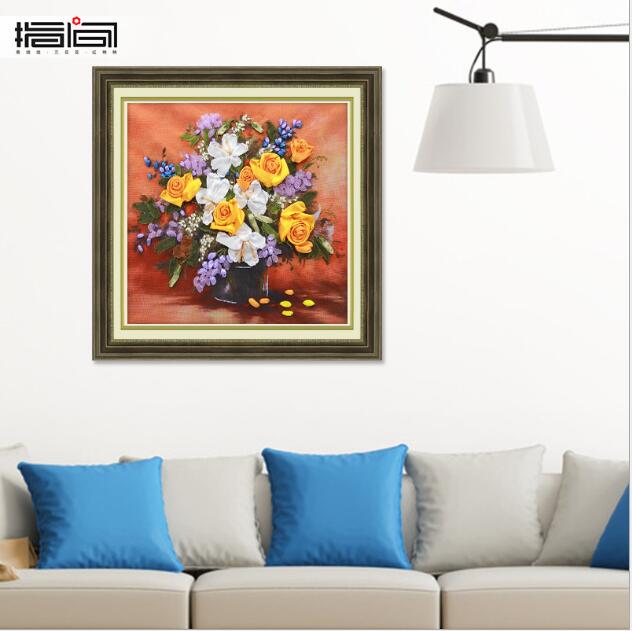 55X50cm Rose lily Ribbon embroidery kit needlework... – Grandado